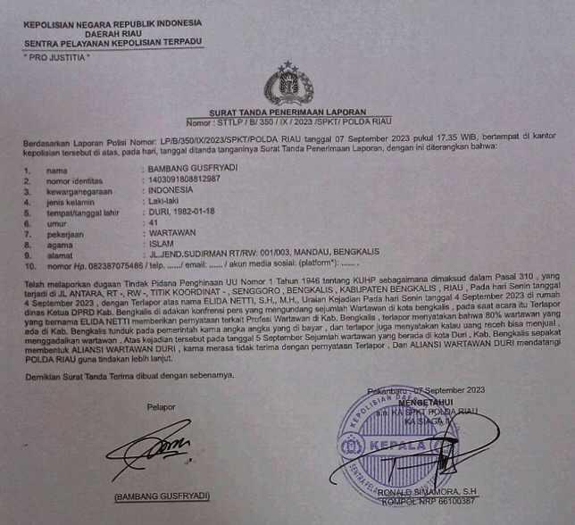 Hina Profesi Wartawan, Kuasa Hukum Khairul Umam, Elidanetti Dilaporkan ke Polda Riau